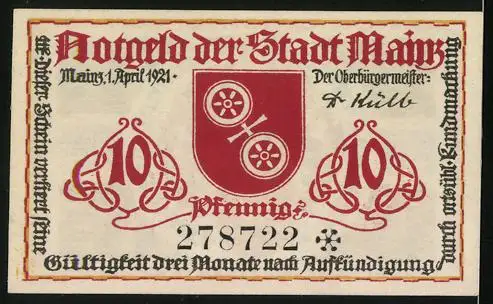 Notgeld Mainz 1921, 10 Pfennig, Stadtwappen