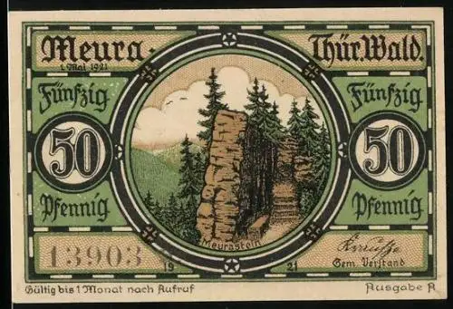 Notgeld Meura /Thür. Wald 1921, 50 Pfennig, Meurastein