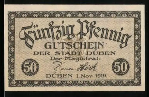 Notgeld Düben 1919, 50 Pfennig, Ortspartie, Stadtwappen