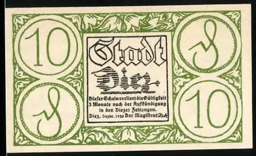 Notgeld Diez 1920, 10 Pfennig, Teilansicht mit Burg