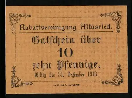 Notgeld Altusried 1918, 10 Pfennig, Gutschein