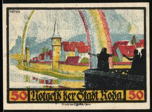 Notgeld Roda 1921, 50 Pfennig, Faust ergreift Regenbogen am Stadtrand