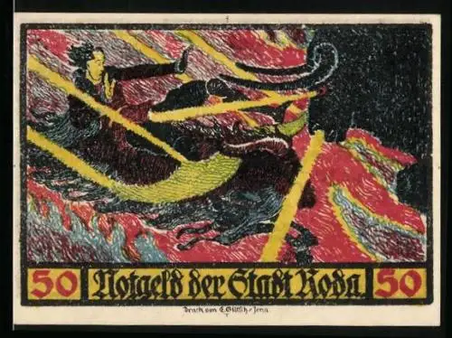 Notgeld Roda 1921, 50 Pfennig, Faust fährt zur Hölle, dämonischer Stier