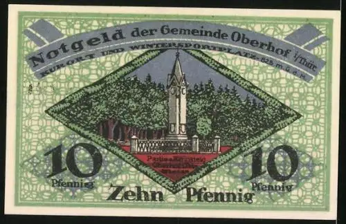 Notgeld Oberhof 1919, 10 Pfennig, Denkmal am Rennsteig