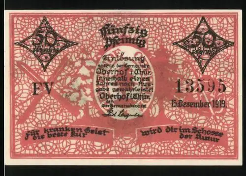 Notgeld Oberhof 1919, 50 Pfennig, Blick in den Kurort gegen die Berge