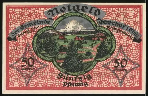 Notgeld Oberhof 1919, 50 Pfennig, Blick in den Kurort gegen die Berge