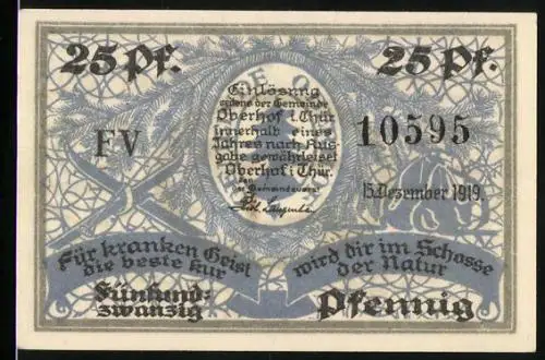 Notgeld Oberhof 1919, 25 Pfennig, Skifahrer im Schnee vor dem Ort
