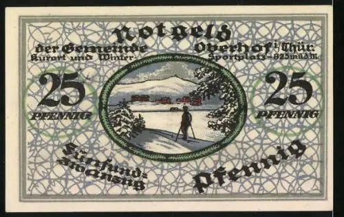 Notgeld Oberhof 1919, 25 Pfennig, Skifahrer im Schnee vor dem Ort