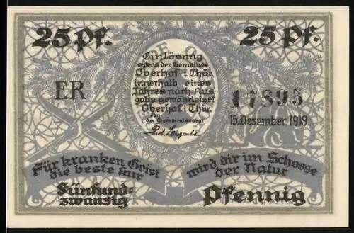 Notgeld Oberhof 1919, 25 Pfennig, Skifahrer vor dem Ort im Winter