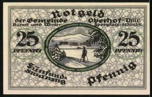 Notgeld Oberhof 1919, 25 Pfennig, Skifahrer vor dem Ort im Winter