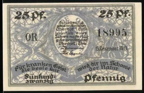 Notgeld Oberhof 1919, 25 Pfennig, Ortsansicht mit Skifahrer