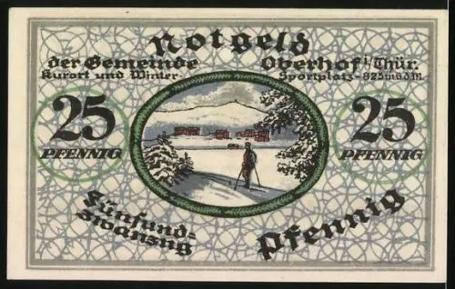 Notgeld Oberhof 1919, 25 Pfennig, Ortsansicht mit Skifahrer