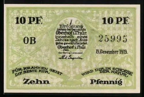 Notgeld Oberhof 1919, 10 Pfennig, Ansicht vom Denkmal