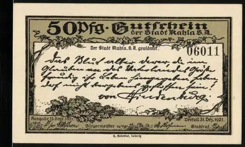 Notgeld Kahla 1921, 50 Pfennig, zum Ehrenmal umgebildete Leuchtenburg