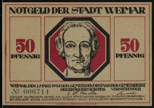 Notgeld Weimar 1921, 50 Pfennig, Mann wird vom Tod geholt