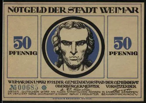 Notgeld Weimar 1921, 50 Pfennig, Armer betet zu Gott, Dieb