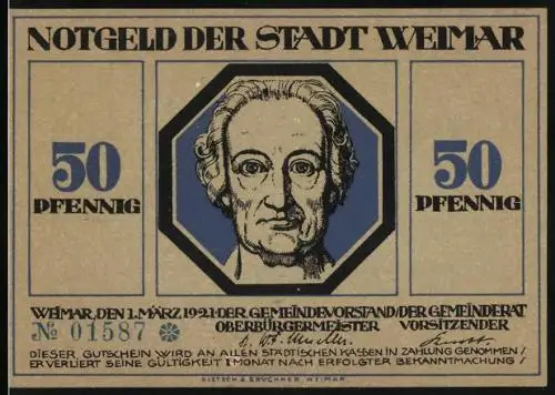 Notgeld Weimar 1921, 50 Pfennig, Stadt wird vom Krieger beschützt