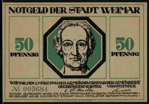 Notgeld Weimar 1921, 50 Pfennig, Älterer Herr hilft jungem Mann