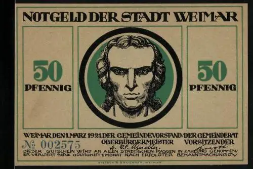 Notgeld Weimar 1921, 50 Pfennig, Paar mit Löwe isst Weintrauben