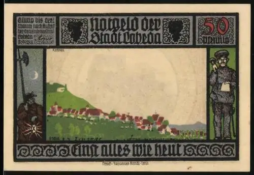 Notgeld Lobeda 1921, 50 Pfennig, Ortsansicht und Nachtwächter, Burgruine