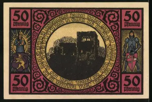 Notgeld Lobeda 1921, 50 Pfennig, Ortsansicht und Nachtwächter, Burgruine