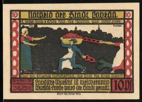 Notgeld Lobeda 1921, 10 Pfennig, Mann versucht Würstchen zu stehlen, Burgruine
