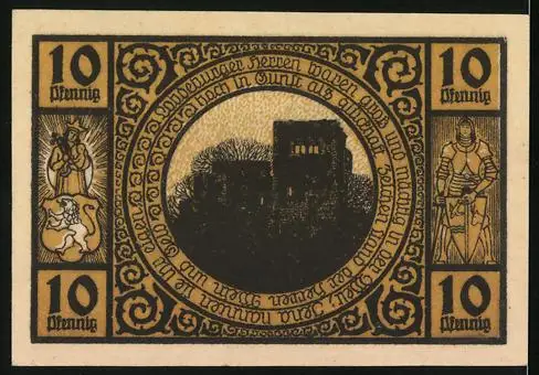 Notgeld Lobeda 1921, 10 Pfennig, Mann versucht Würstchen zu stehlen, Burgruine