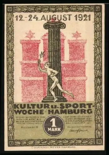 Notgeld Hamburg 1921, 1 Mark, Kultur u. Sportwoche, zwei Löwen an der Burg
