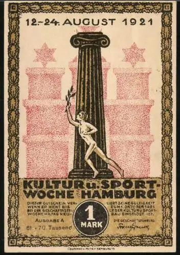 Notgeld Hamburg 1921, 1 Mark, Kultur u. Sportwoche, Denkmal