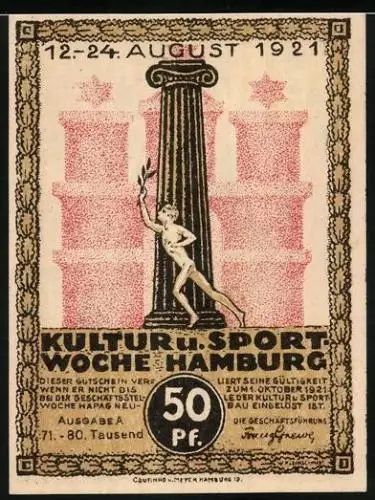 Notgeld Hamburg 1921, 50 Pfennig, Kultur u. Sportwoche, Dampfer im Hafen