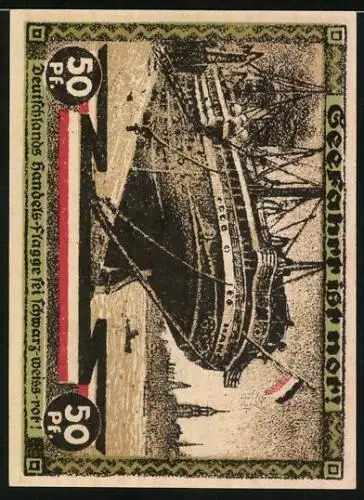 Notgeld Hamburg 1921, 50 Pfennig, Kultur u. Sportwoche, Dampfer im Hafen