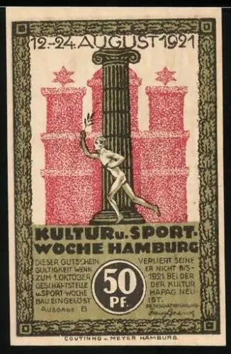 Notgeld Hamburg 1921, 50 Pfennig, Kultur u. Sportwoche, Hafenpartie mit Kirche und Krahn