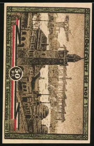 Notgeld Hamburg 1921, 50 Pfennig, Kultur u. Sportwoche, Hafenpartie mit Kirche und Krahn