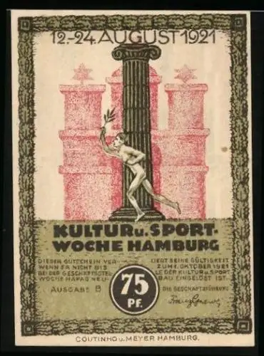 Notgeld Hamburg 1921, 75 Pfennig, Kultur u. Sportwoche, Wasserpartie mit Rathaus