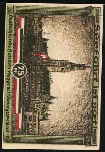 Notgeld Hamburg 1921, 75 Pfennig, Kultur u. Sportwoche, Wasserpartie mit Rathaus