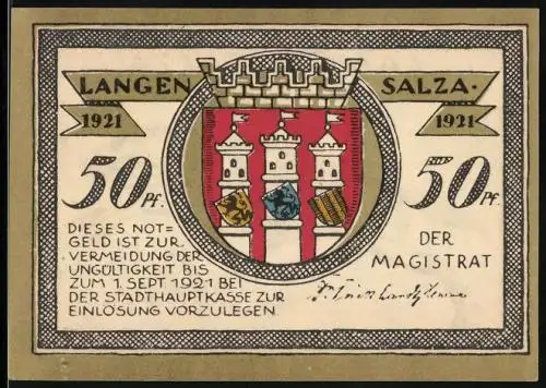 Notgeld Langensalza 1921, 50 Pfennig, Wappen, Soldat auf seinem Pferd 1866