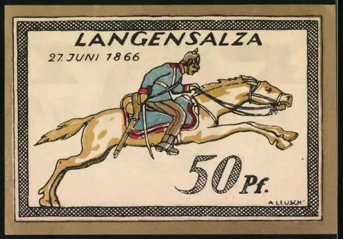 Notgeld Langensalza 1921, 50 Pfennig, Wappen, Soldat auf seinem Pferd 1866