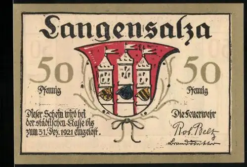 Notgeld Langensalza 1921, 50 Pfennig, Feuerwehrmänner bekämpfen Brand, Wappen