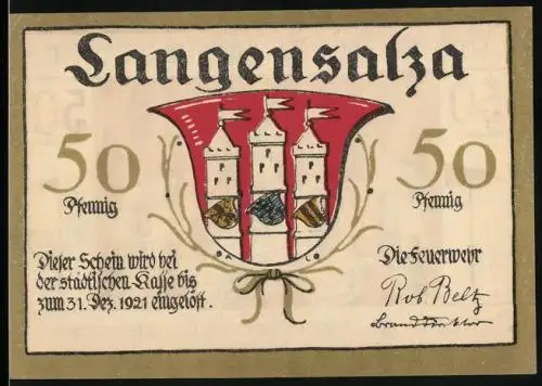 Notgeld Langensalza 1921, 50 Pfennig, Feuerwehrmänner pumpen Wasser, Wappen