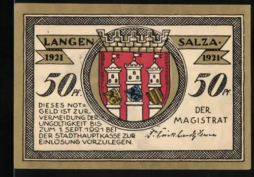 Notgeld Langensalza 1921, 50 Pfennig, Stopfen der Kanone, Wappen