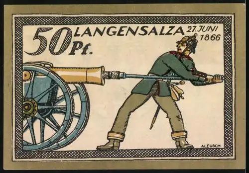 Notgeld Langensalza 1921, 50 Pfennig, Stopfen der Kanone, Wappen