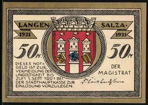 Notgeld Langensalza 1921, 50 Pfennig, Wappen, Soldat in Uniform zu Pferd
