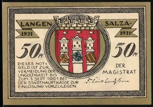 Notgeld Langensalza 1921, 50 Pfennig, Wappen, Soldat an der Kanone
