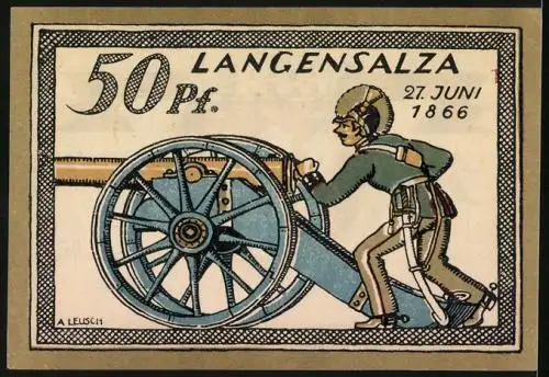 Notgeld Langensalza 1921, 50 Pfennig, Wappen, Soldat an der Kanone