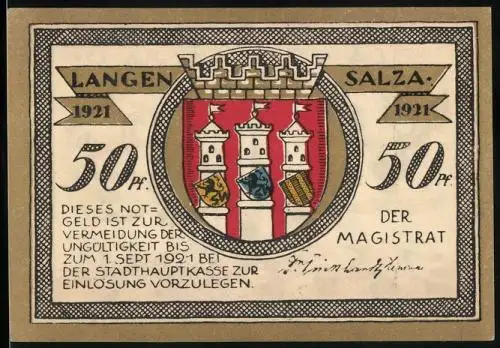 Notgeld Langensalza 1921, 50 Pfennig, Denkmal mit Adler und Pfer