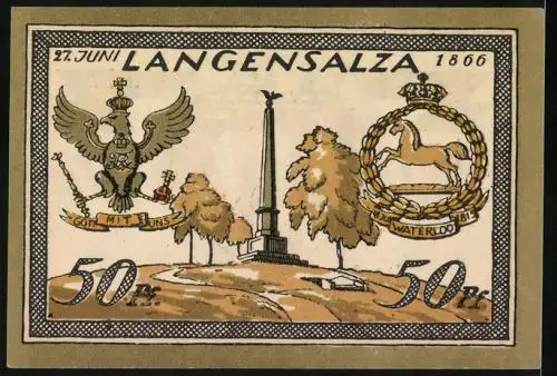 Notgeld Langensalza 1921, 50 Pfennig, Denkmal mit Adler und Pfer