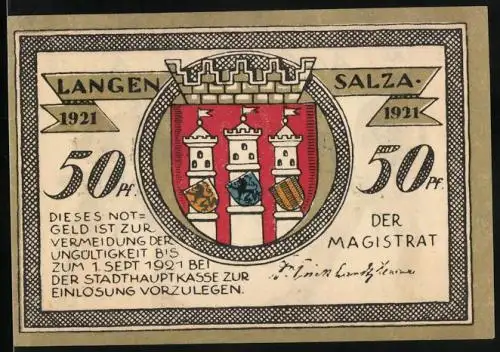 Notgeld Langensalza 1921, 50 Pfennig, Soldaten kreuzen ihre Gewehre