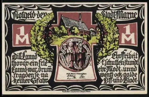 Notgeld Marne 1922, 1 Mark, Kirche und Truppe in Kampfstellung
