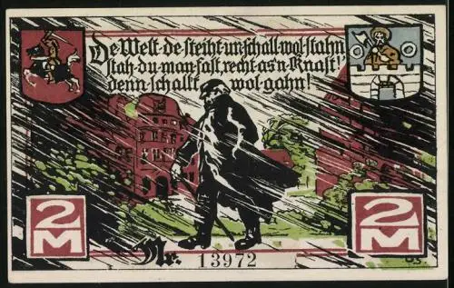 Notgeld Marne 1922, 2 Mark, Junge Frau mit Rosenstrauss, Mann bei stürmischem Wetter