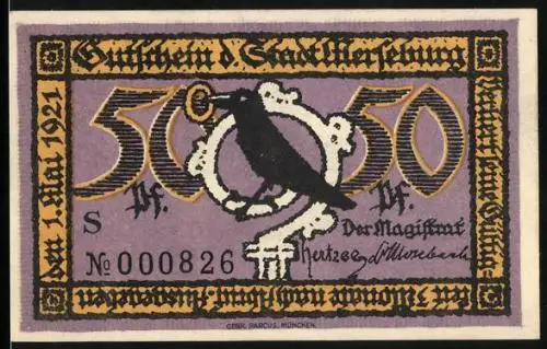 Notgeld Merseburg 1921, 50 Pfennig, Rabe, Rathaus mit Platz